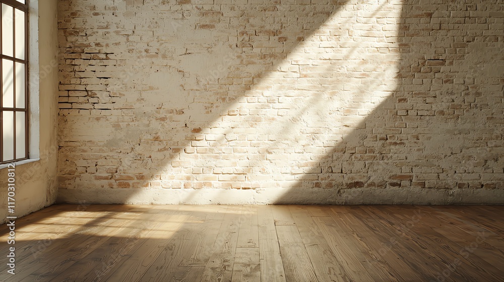Poster sunlight streams through a window, casting shadows on a rustic brick wall in a minimalist interior s