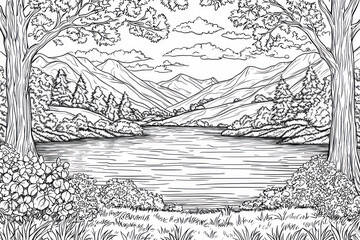 Serene lake nestled amidst rolling hills and lush trees, a picturesque landscape in a detailed line art style.