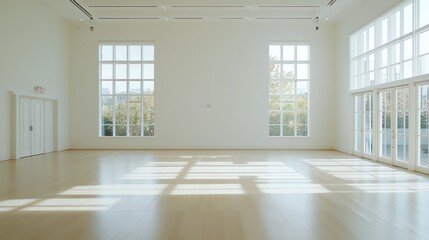 Obraz premium Bright empty room with large windows and wooden floor, perfect for events or dance practice. Minimalist design.