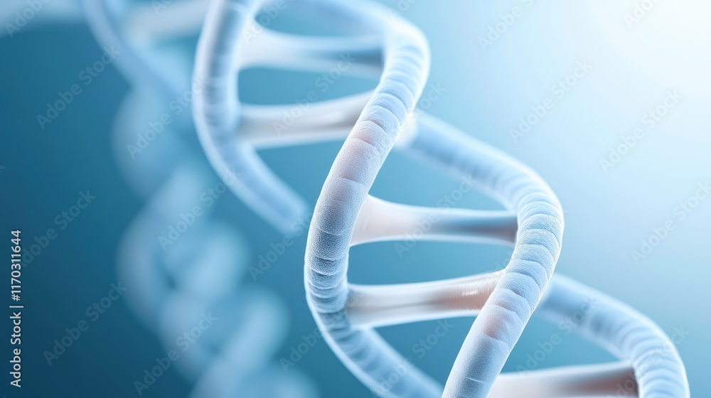 Poster a close-up view of a dna double helix on a blue background, representing genetic structure and molec
