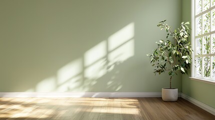 Fototapeta premium Sunlit room corner with wooden floor and green plant, minimalistic and serene.