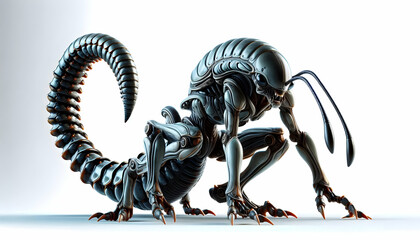 Universe An insectoid alien with segmented limbs, antennae, and a sleek, chitinous body, crouched in a ready-1