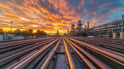 Fototapeta premium Sunset over Industrial Refinery: Pipelines and Processing Plant at Dusk