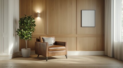 Cozy wooden room with a brown armchair, potted plant, and wall art, creating a warm and inviting atmosphere.