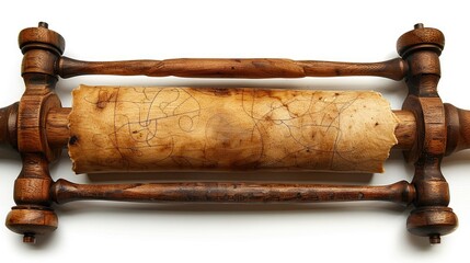 Antique wooden scroll with aged parchment displaying faded drawings.