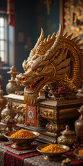 Obraz premium Golden dragon statue surrounded by offerings and decorative items.