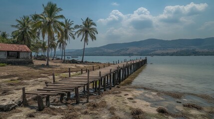 Obraz premium Serene Coastal Landscape: Wooden Pier Extending into Tranquil Waters