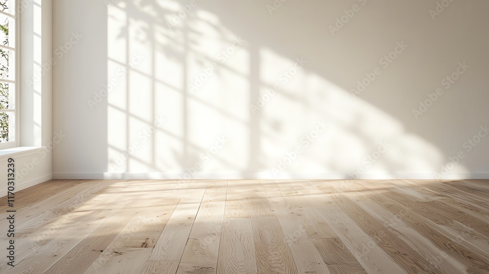 Aufkleber sunlit empty room with wooden floor and large windows casting soft shadows on the walls.