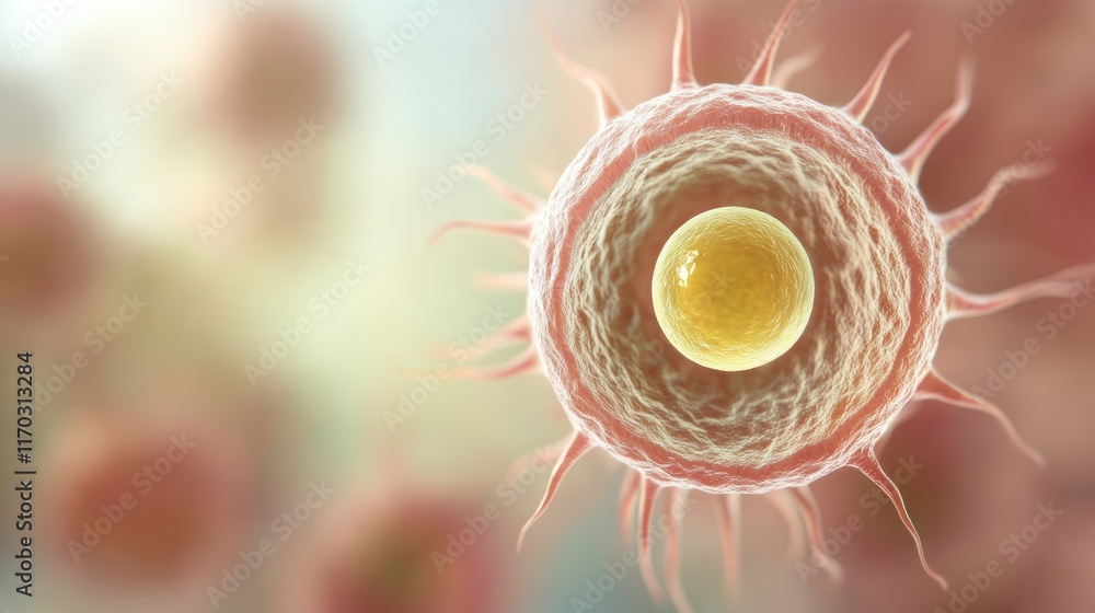 Poster a close-up view of a cell, showcasing its nucleus and structure, highlighting the complexities of bi