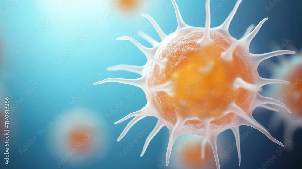 Poster a microscopic view of a vibrant cell, showcasing its intricate structure and details against a soft 