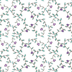 Seamless pattern of delicate heart-shaped vines with purple flowers and green leaves on a white background. A romantic and natural design ideal for Valentine's Day cards, textiles, and decor