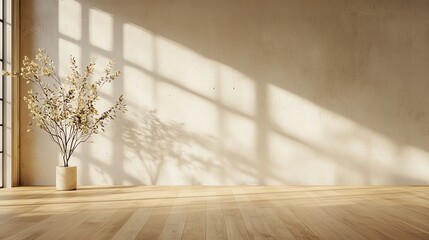 Minimalist room with wooden floor, potted plant, and soft sunlight streaming through large windows, creating a serene ambiance.