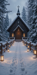 Fototapeta premium Snowy pathway leading to a cozy, illuminated wooden chapel.