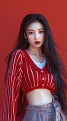 Beautiful young Asian woman portrait in red and white pattern knitwear sweater.