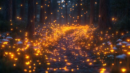 Enchanting path through a dark forest at night, glowing mushrooms and fireflies illuminate the way.