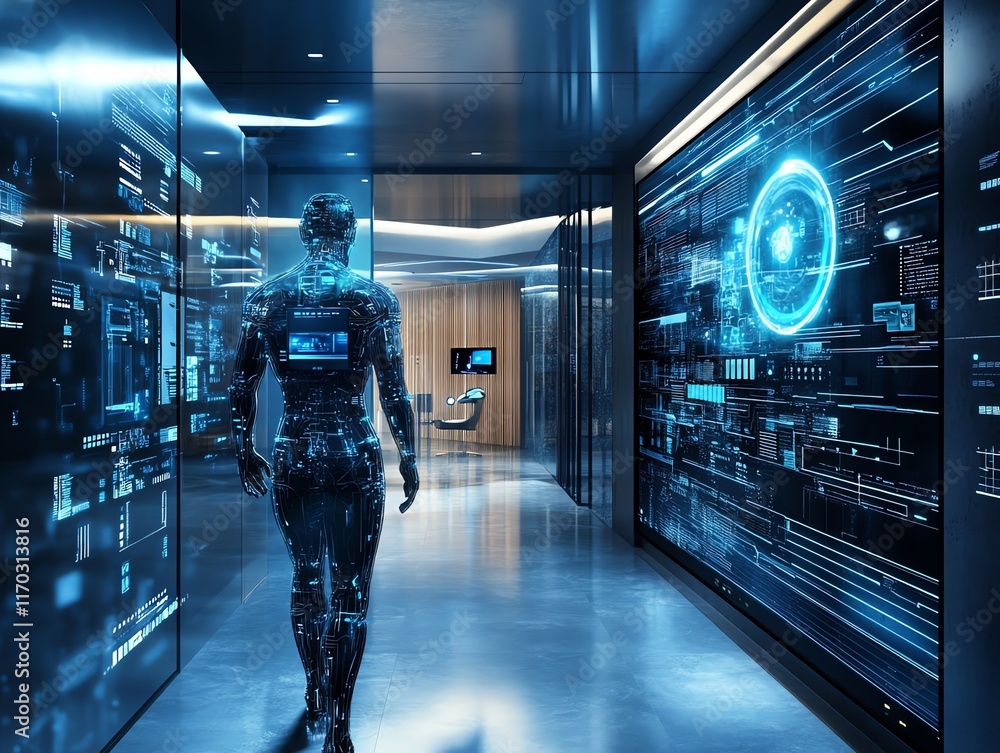 Poster cybernetic android walking through futuristic data corridor