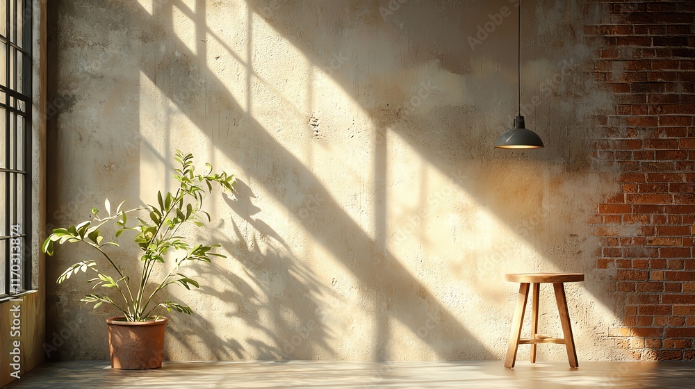 Poster sunlight streams through a window, creating patterns on a rustic wall with a potted plant and wooden
