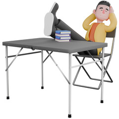 Designer Skills Set Characters 3D Model. A male designer set sitting with his feet on the table and both hands behind his head while his eyes are closed. Cartoon Style