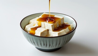 Silky Tofu Pudding with Sweet Sauce Drizzled on Top in Minimalist Bowl Setting