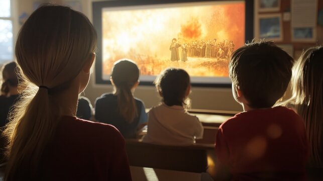 Students and teacher watching movie about moses and israelites exodus in classroom