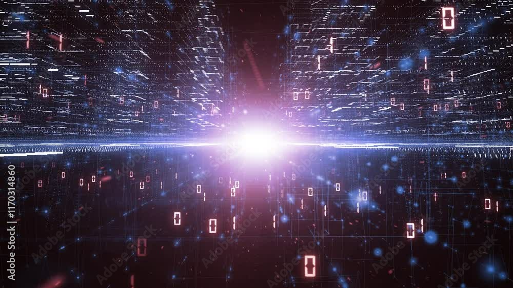 Poster futuristic digital computer data network with artistic city buildings loop motion background.