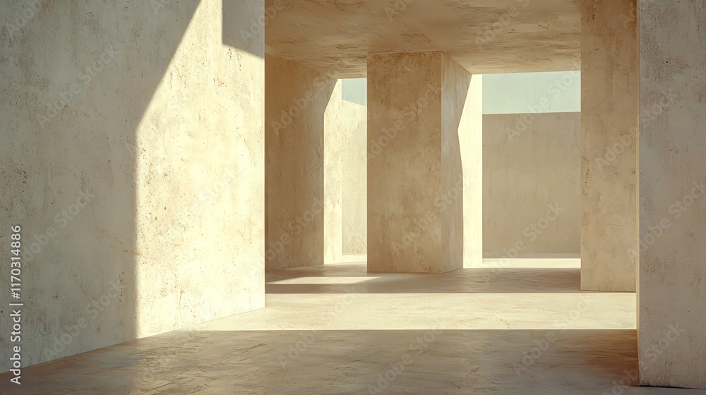 Poster sunlight casts shadows on minimalist concrete structure creating a serene architectural scene.