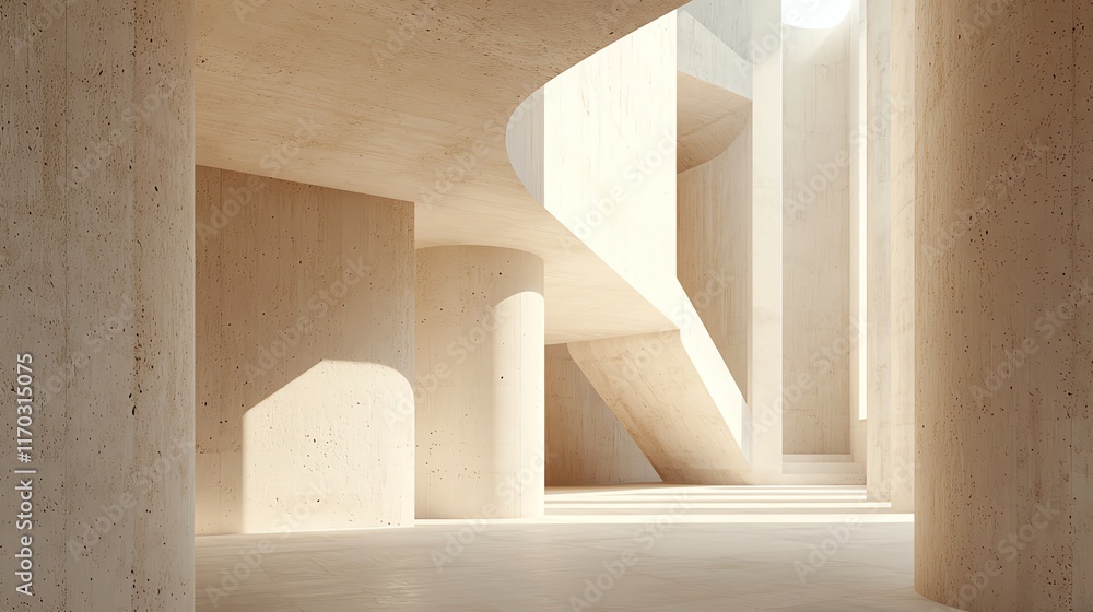 Poster minimalist architectural space with sunlight casting dynamic shadows on curved concrete structures i