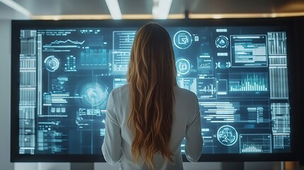 Woman Analyzing Data on a Large Screen Display