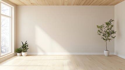 Minimalist interior with sunlight and plants in a serene setting, showcasing natural light and simple decor.