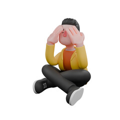 Designer Roles in Art Set 3D Model. A male designer set sits cross-legged with both hands holding his head while his eyes are closed, a dizzy expression. Cartoon Style