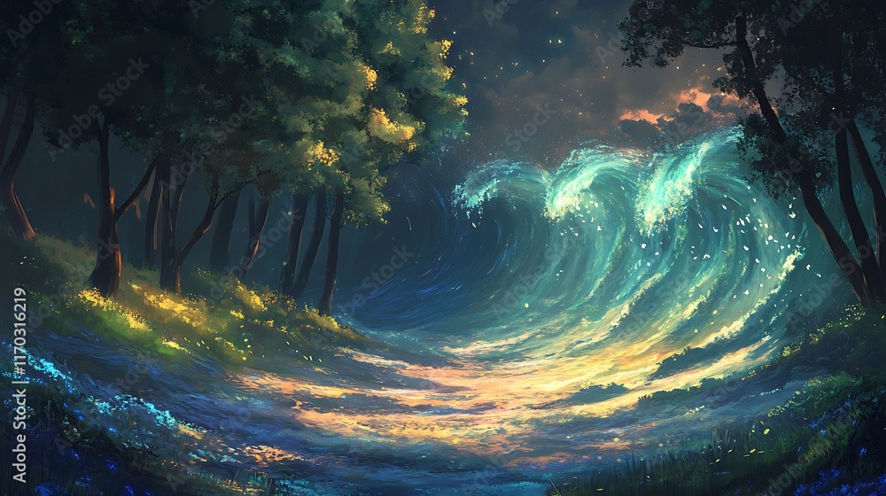 Poster enchanting forest path meets luminescent ocean wave