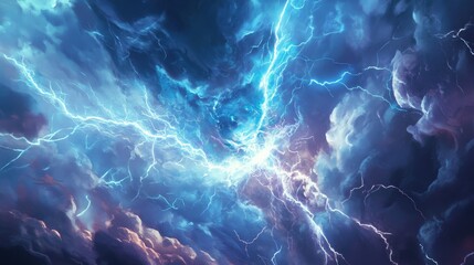 photo realistic of an electric. magic lightning. blue thunder strikes background.