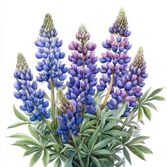 Detailed Botanical Illustration of Vibrant Lupin Flowers with Foliage