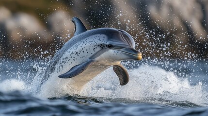 Fototapeta premium Spotted dolphin leaping from ocean water, splashing.