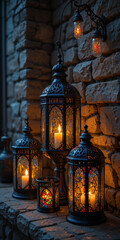 Decorative lanterns casting warm light against a stone wall.