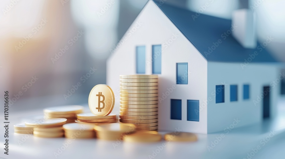 Poster a small model house next to stacks of gold coins and a bitcoin, symbolizing the intersection of real