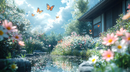 Butterflies flutter over a tranquil garden with a stream and a traditional house.