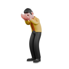 Full Designer Workflow Characters 3D Model. A male designer set stands with his body slightly bent and both hands covering his face. Cartoon Style