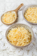 Butter roasted Kadayif pastry, fine dough threads for delicious sweet desserts, Turkish cuisine