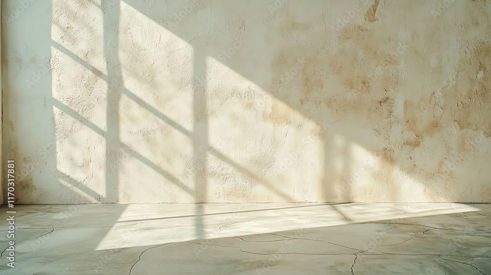 Poster sunlight casts geometric shadows on textured wall, creating an artistic display of light and shade.