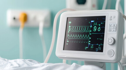 hospital healthcare equipment concept. high tech medical monitor displaying vital signs in hospital room