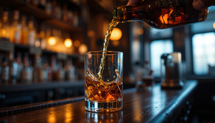 A whiskey glass being filled at a cozy bar setting.