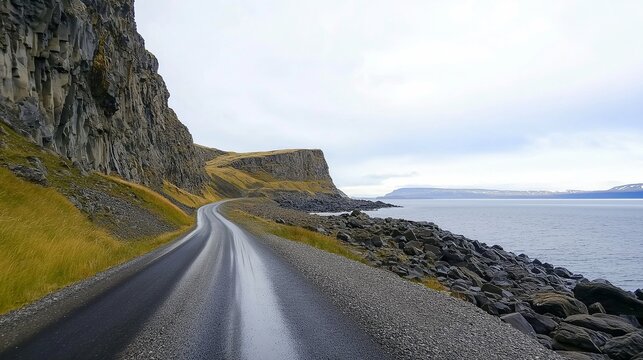 POV drive along coastal road with rocky cliffs and sea view