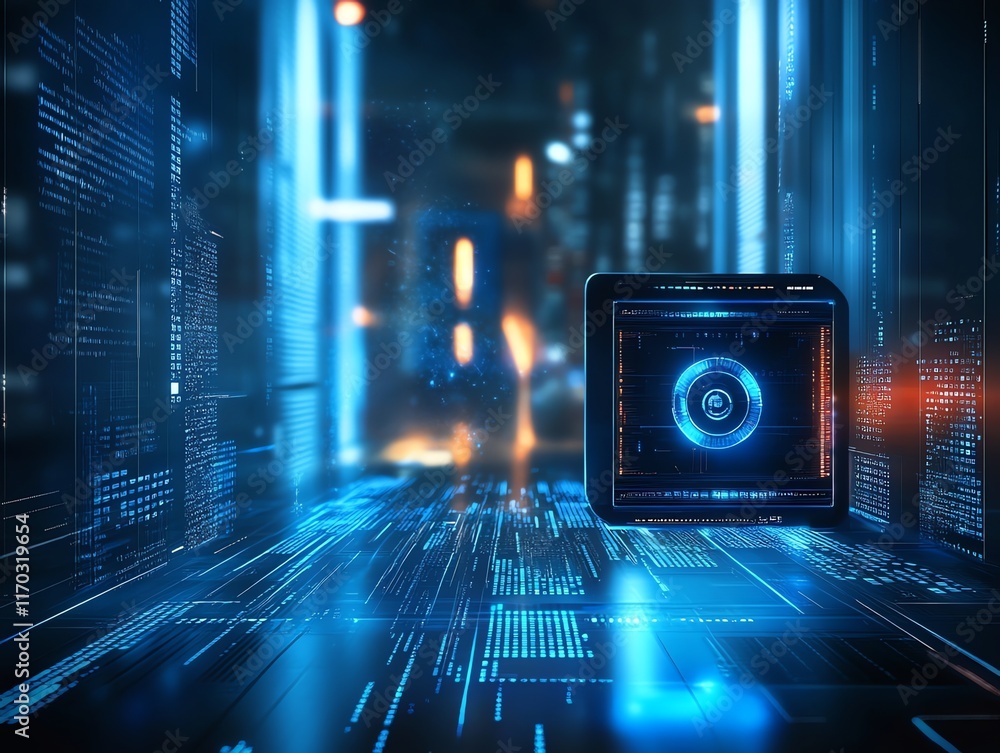 Poster cybernetic cube: futuristic data streams and glowing interface