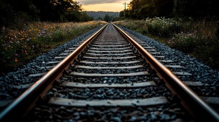 Serene countryside railway track at dusk rural landscape natural scenery perspective view tranquil journey