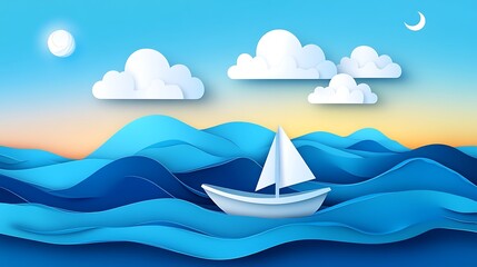 Paper art sailboat on wavy ocean at sunset.