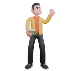 Designer Roles in Art Set 3D Model. A male designer set stands holding several sheets of paper in his right hand, and his right hand is clenched, a superhero expression. Cartoon Style