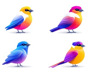 Obraz premium Four vibrant, stylized birds in blue, pink, yellow, and purple gradient colors, isolated on white background.