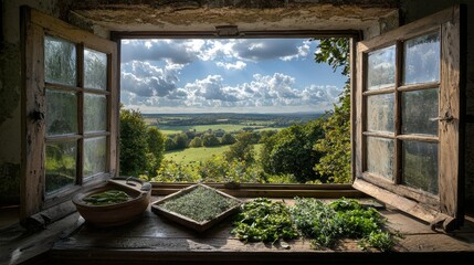 Drying fresh herbs on a rustic kitchen windowsill scenic countryside view natural light cozy atmosphere