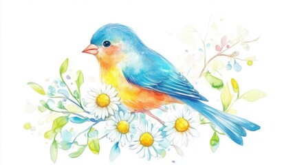 Obraz premium A beautiful bluebird perched among delicate daisies, showcasing vibrant colors and nature's tranquility.